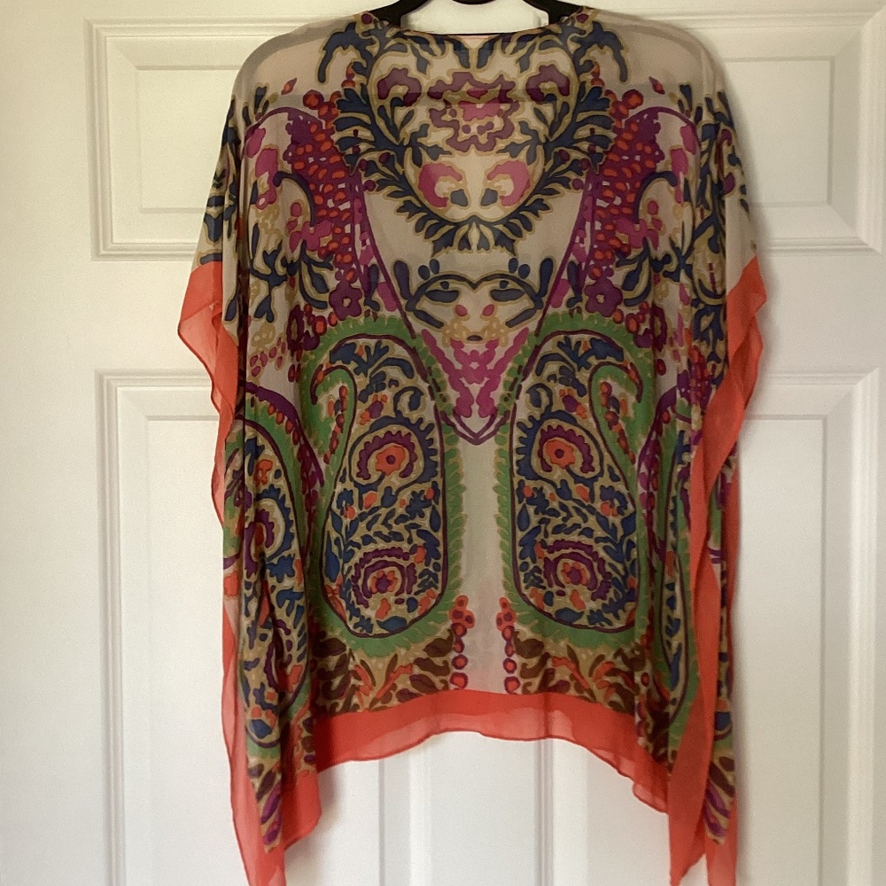 Talbots Silk Chiffon Caftan Scarf Blouse Top Abstract Print V Neck Button Loose